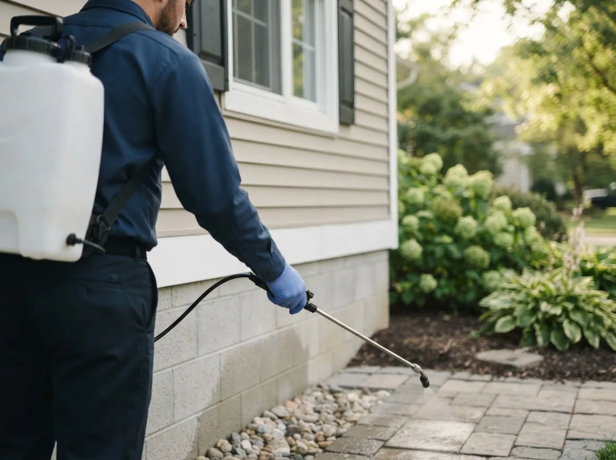 Pest control technician inspecting a home in Mapleton Depot, PA